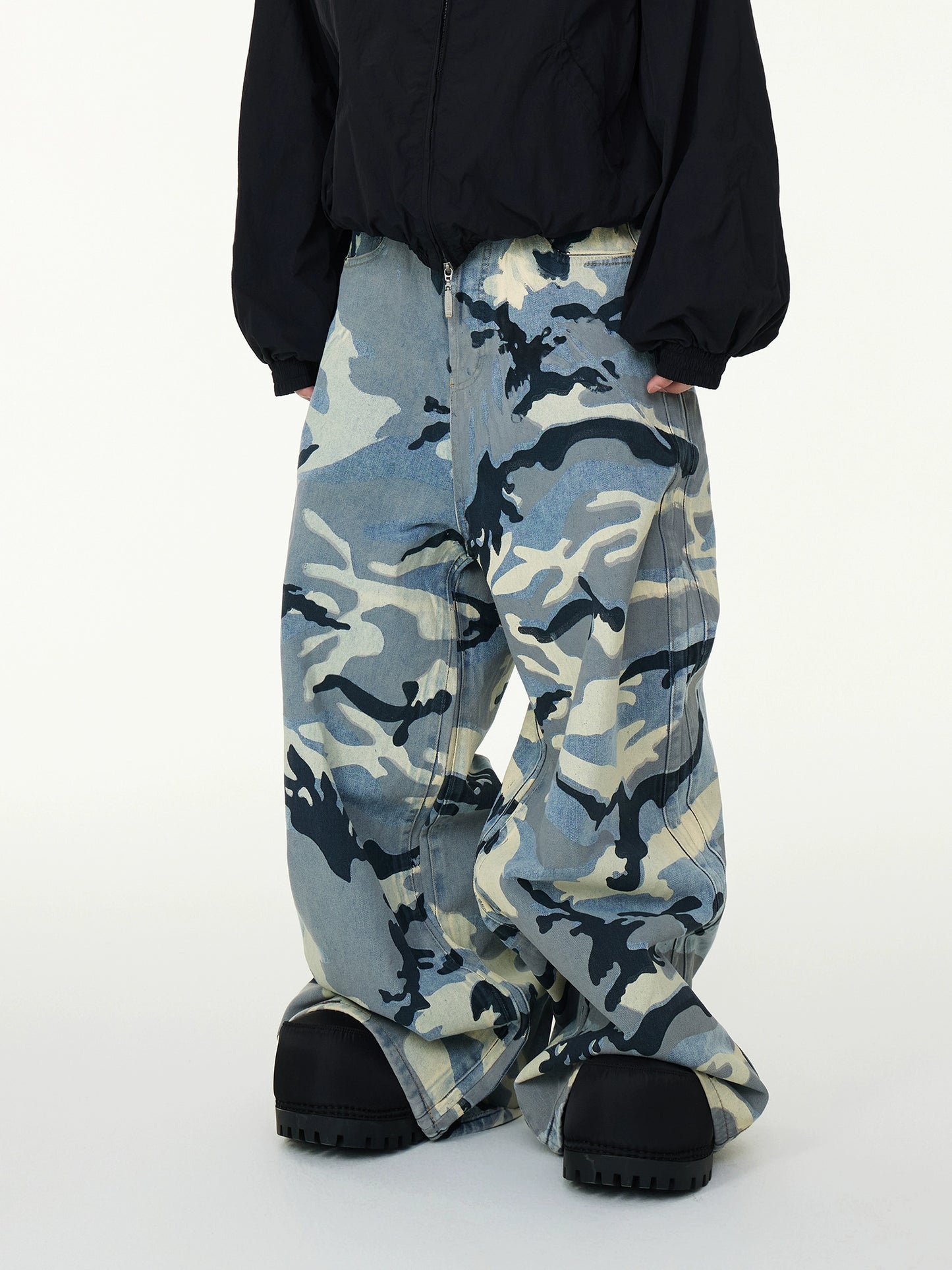 Camouflage Full Print Washed Wide Leg Baggy Dragging Denim Jeans WN16982