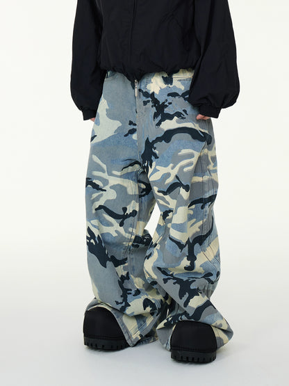 Camouflage Full Print Washed Wide Leg Baggy Dragging Denim Jeans WN16982