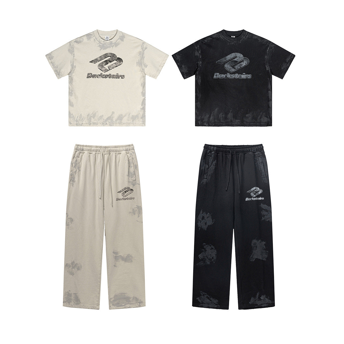 Washed Damage Print Oversize Short-sleeve T-shirt & Washed Wide-leg Sweatpants Setup WN6364
