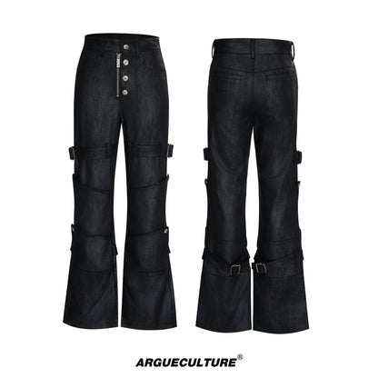 Waxed Damage Metal Button Flare Denim Jeans WN23547