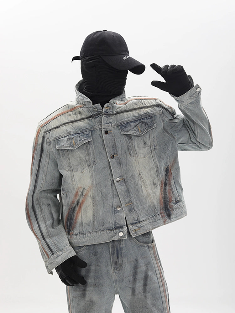 Washed Shoulder-Pad Denim Jacket ＆ Straight Denim Jeans Setup WN18655