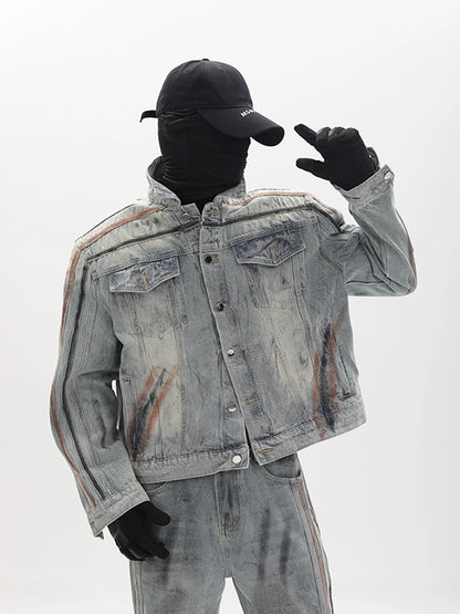 Washed Shoulder-Pad Denim Jacket ＆ Straight Denim Jeans Setup WN18655