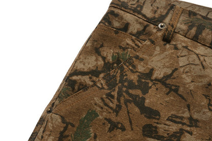 Camouflage Tree Print Cargo Pocket Wide Leg Denim Jeans WN28031