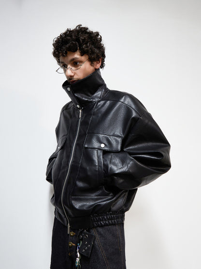 Vintage Imitation Cowhide PU Leather Stand Neck Short Jacket WN22924