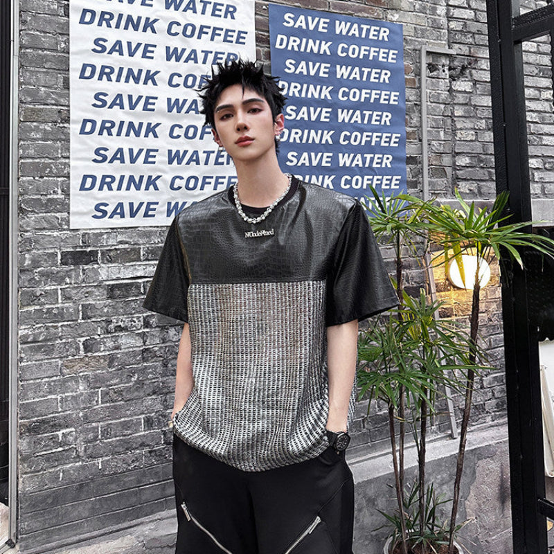 PU Leather Mesh Oversize Patchwork Short Sleeve T-Shirt WN25151