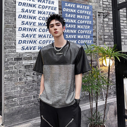 PU Leather Mesh Oversize Patchwork Short Sleeve T-Shirt WN25151