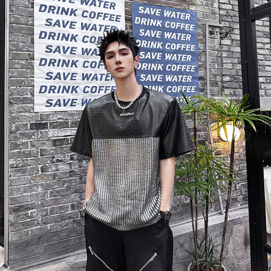 PU Leather Mesh Oversize Patchwork Short Sleeve T-Shirt WN25151