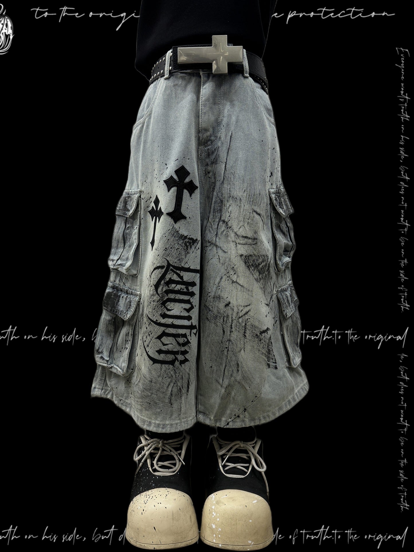 Cross Print Cargo Wide Leg Cropped Denim Jeans & Skull Belt & Cross Belt & Belt Chain WN23794