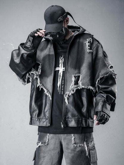 Damage Raw Edge Mix Patch PU Leather Denim Jacket WN22316