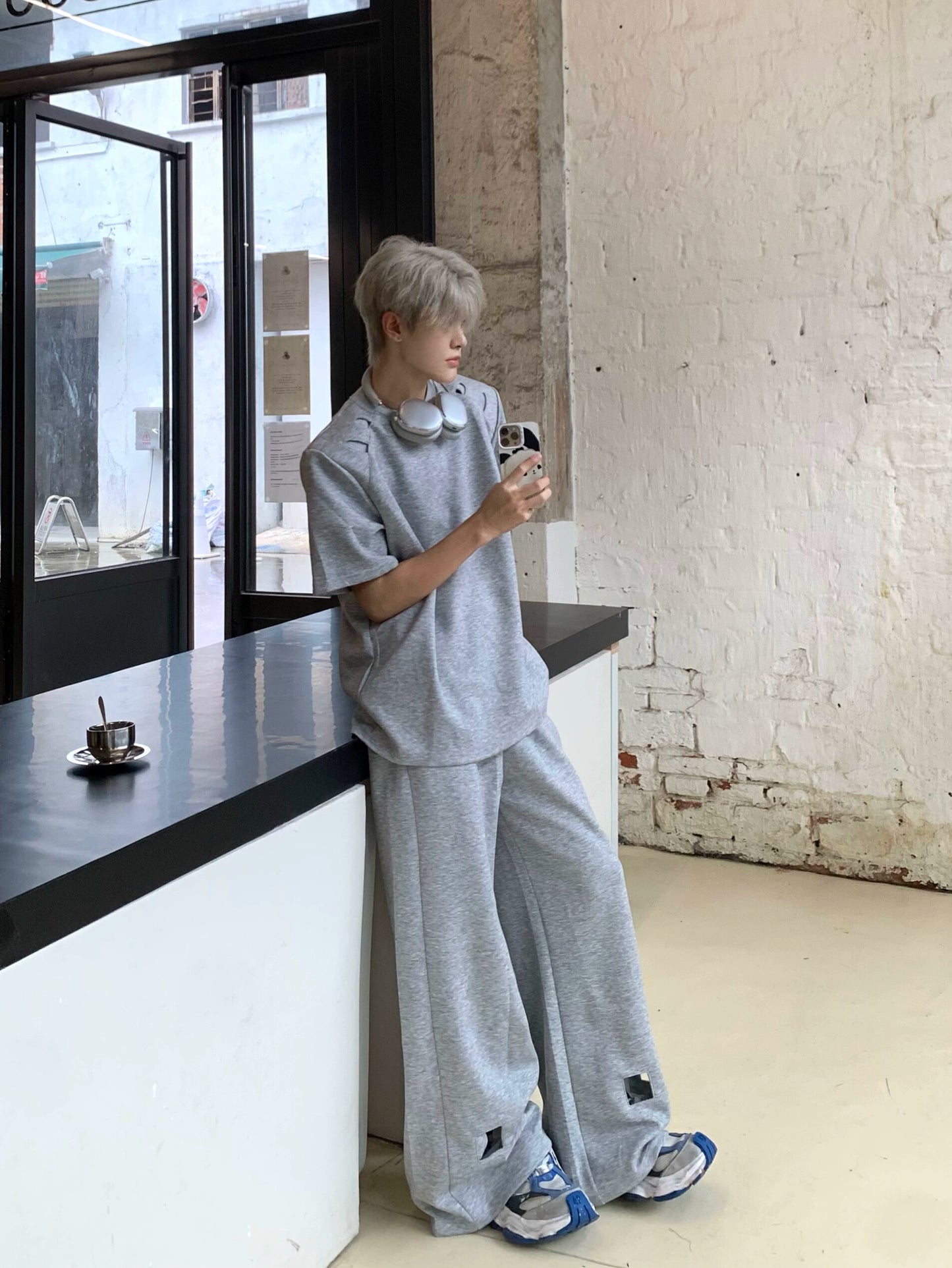 Damage Plain Short Sleeve T-Shirt & Wide Leg Pants Setup WN19729