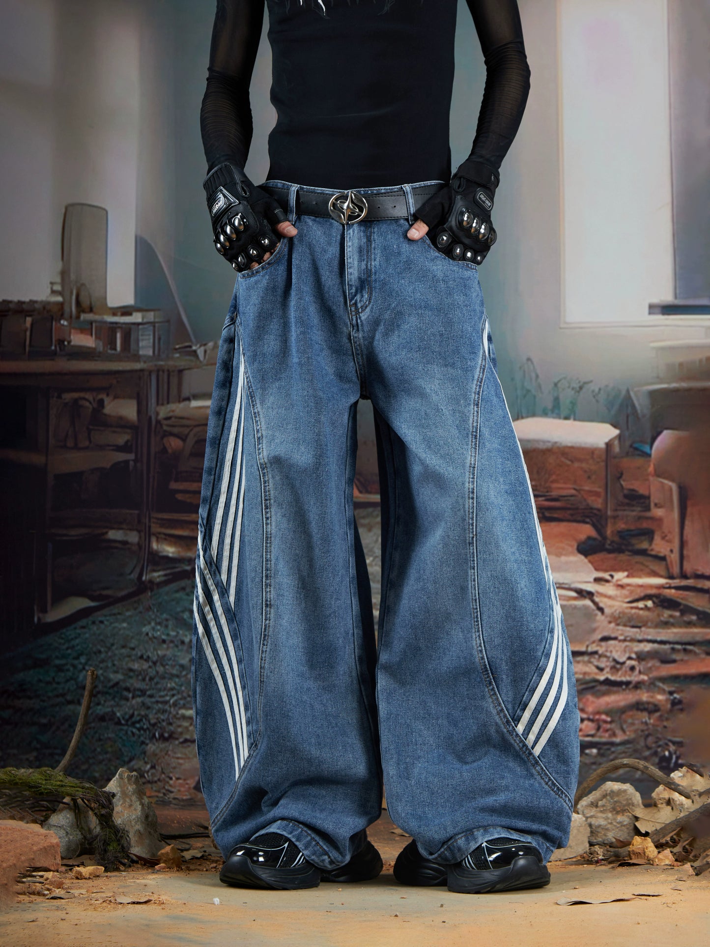 Stripe Deconstruction Patchwork Wide Leg Denim Jeans WN21365