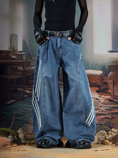 Stripe Deconstruction Patchwork Wide Leg Denim Jeans WN21365