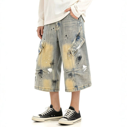 Washed Paint Wide Leg Denim Half Jeans WN27823