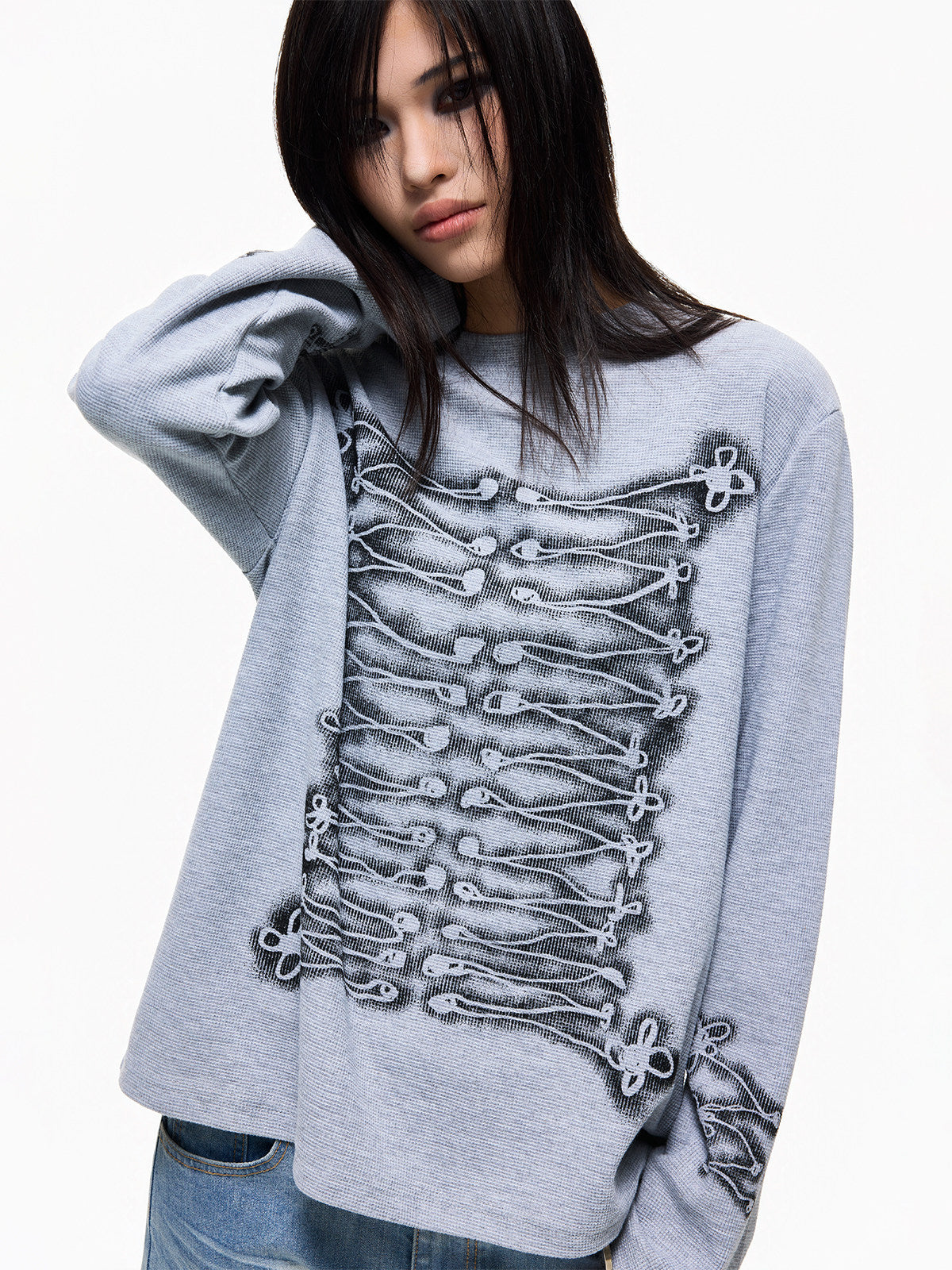 Skeleton Graphic Oversize Waffle Long Sleeve T-Shirt WN27254