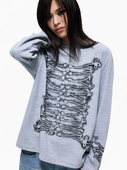 Skeleton Graphic Oversize Waffle Long Sleeve T-Shirt WN27254