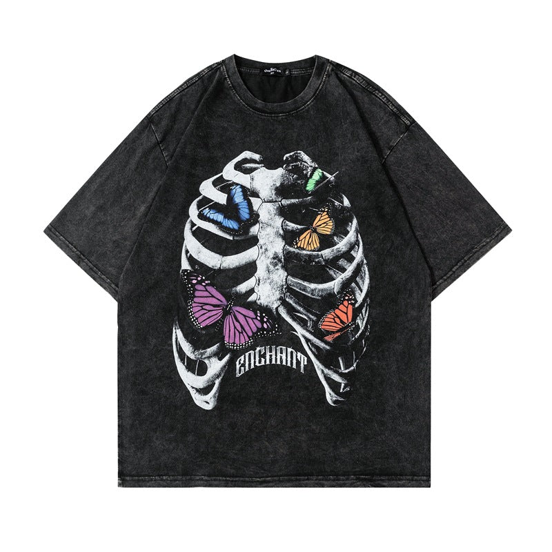 Washed Skeleton Butterfly Print Short Sleeve T-Shirt WN25460