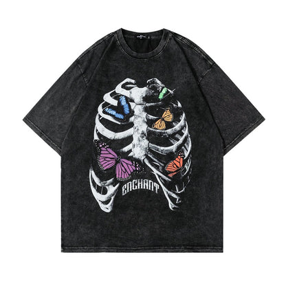 Washed Skeleton Butterfly Print Short Sleeve T-Shirt WN25460