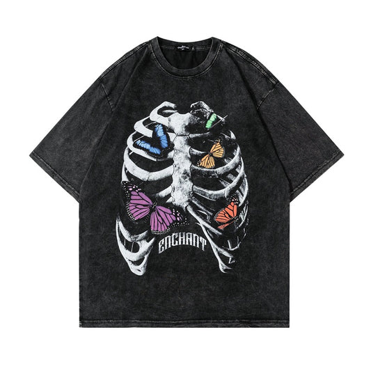 Washed Skeleton Butterfly Print Short Sleeve T-Shirt WN25460