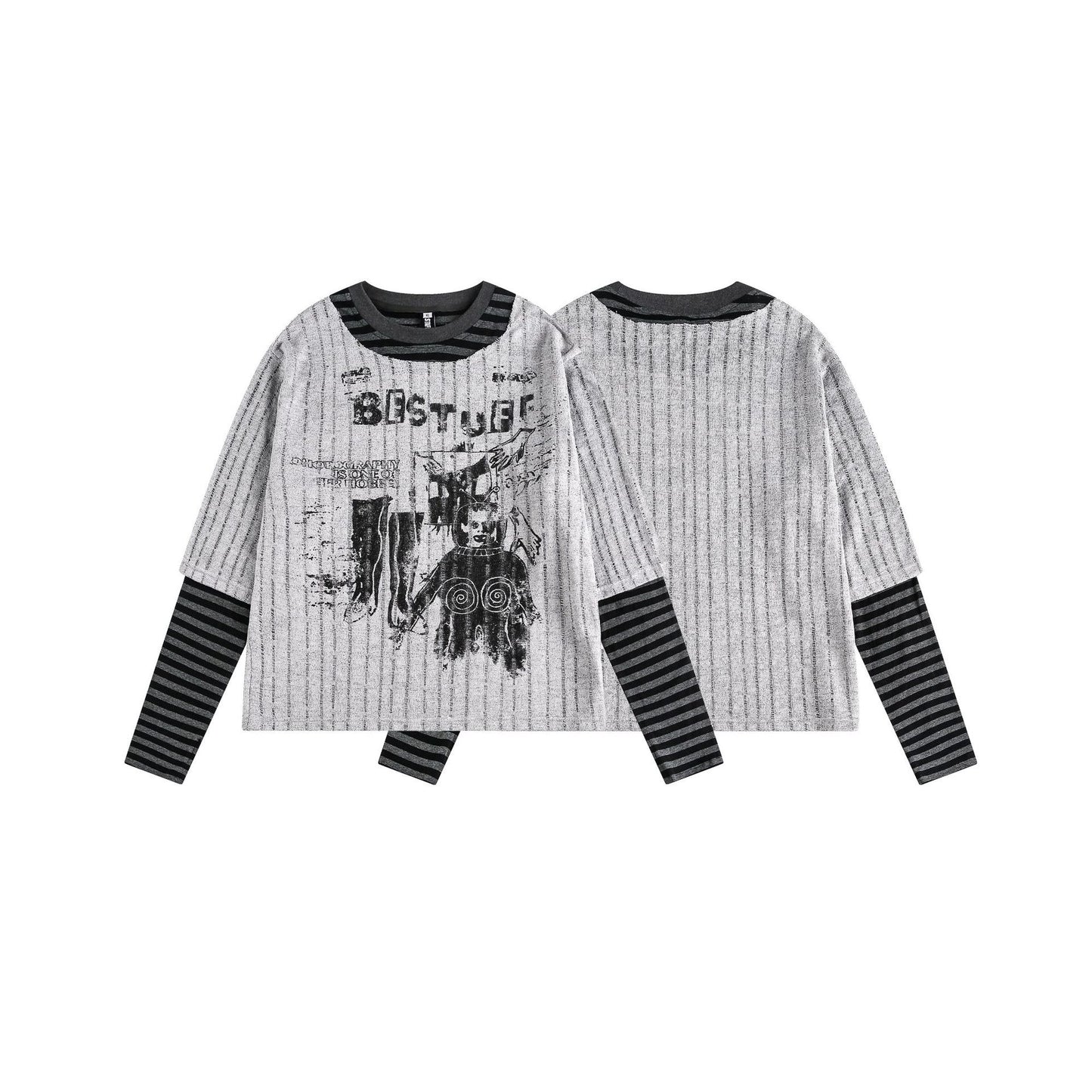 Stripe Fake Layered Graphic Long Sleeve T-Shirt WN25494
