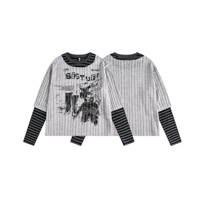 Stripe Fake Layered Graphic Long Sleeve T-Shirt WN25494