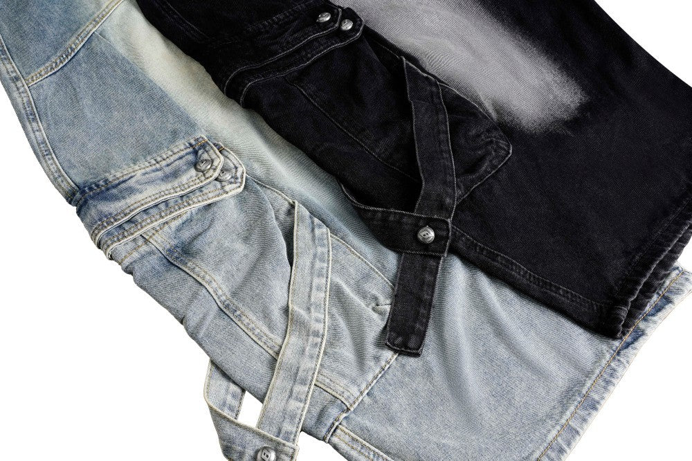 Bleached Cargo Pocket Wide Leg Denim Jeans WN27998