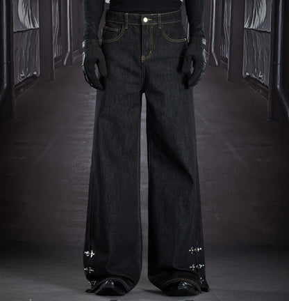 Metal Buckle Topstitch Straight Denim Jeans WN22905