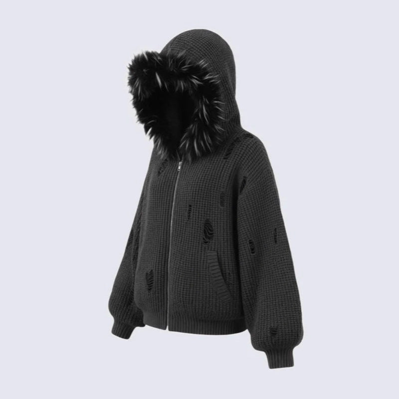 Fake Fur Collar Damage Zipper Knit Hoodie WN28100