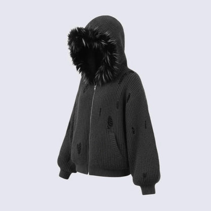 Fake Fur Collar Damage Zipper Knit Hoodie WN28100