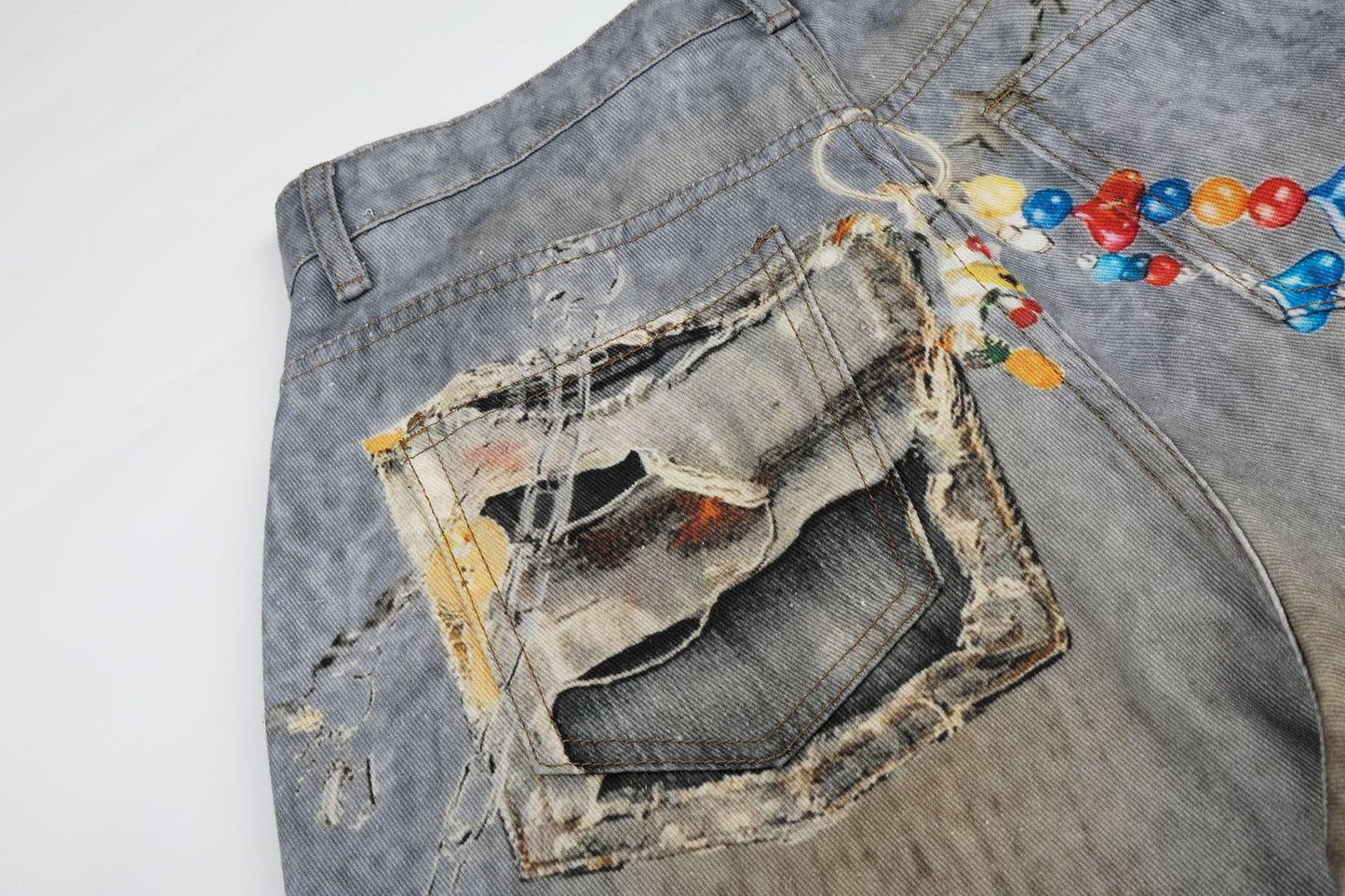Washed Damage Embroidery Wide Leg Denim Jeans WN25388