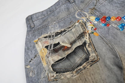 Washed Damage Embroidery Wide Leg Denim Jeans WN25388