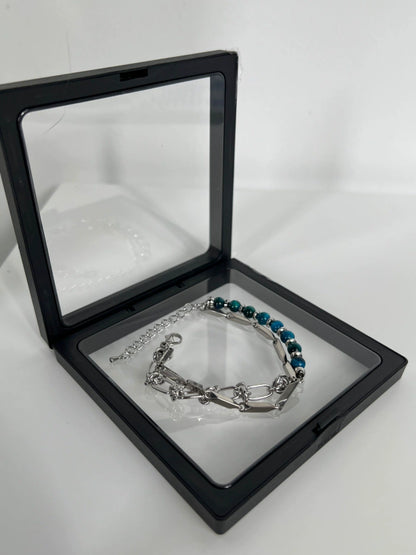 Double Layer Blue Tiger Eye Titanium Steel Bracelet WN19261