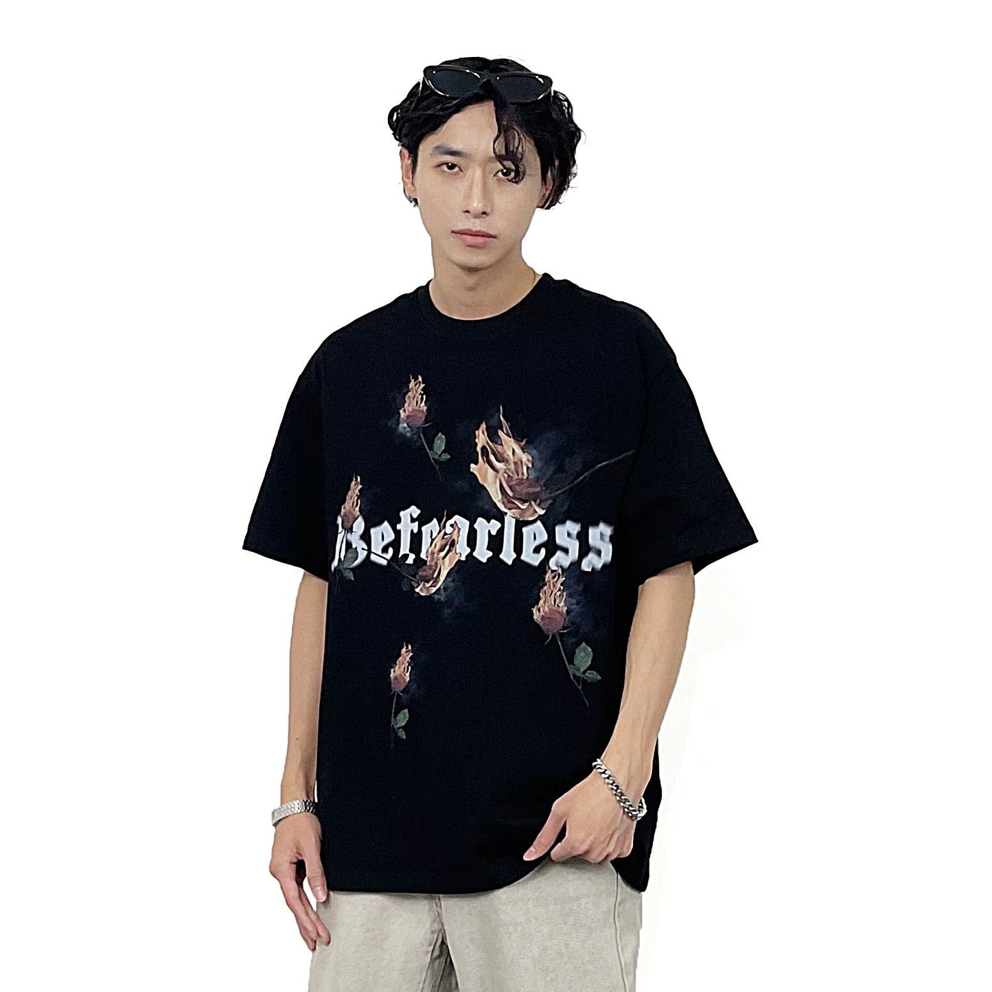 Flame Rose Print Short Sleeve T-Shirt WN24261