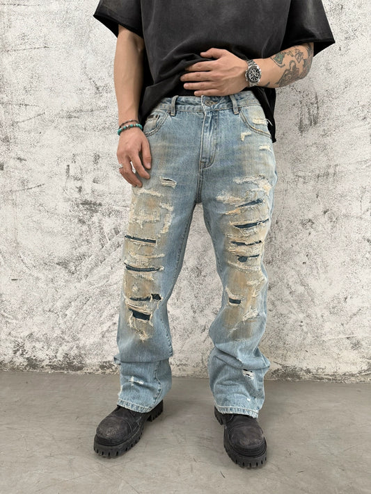 Mud Dye Slash Damage Wide Leg Denim Jeans WN17633