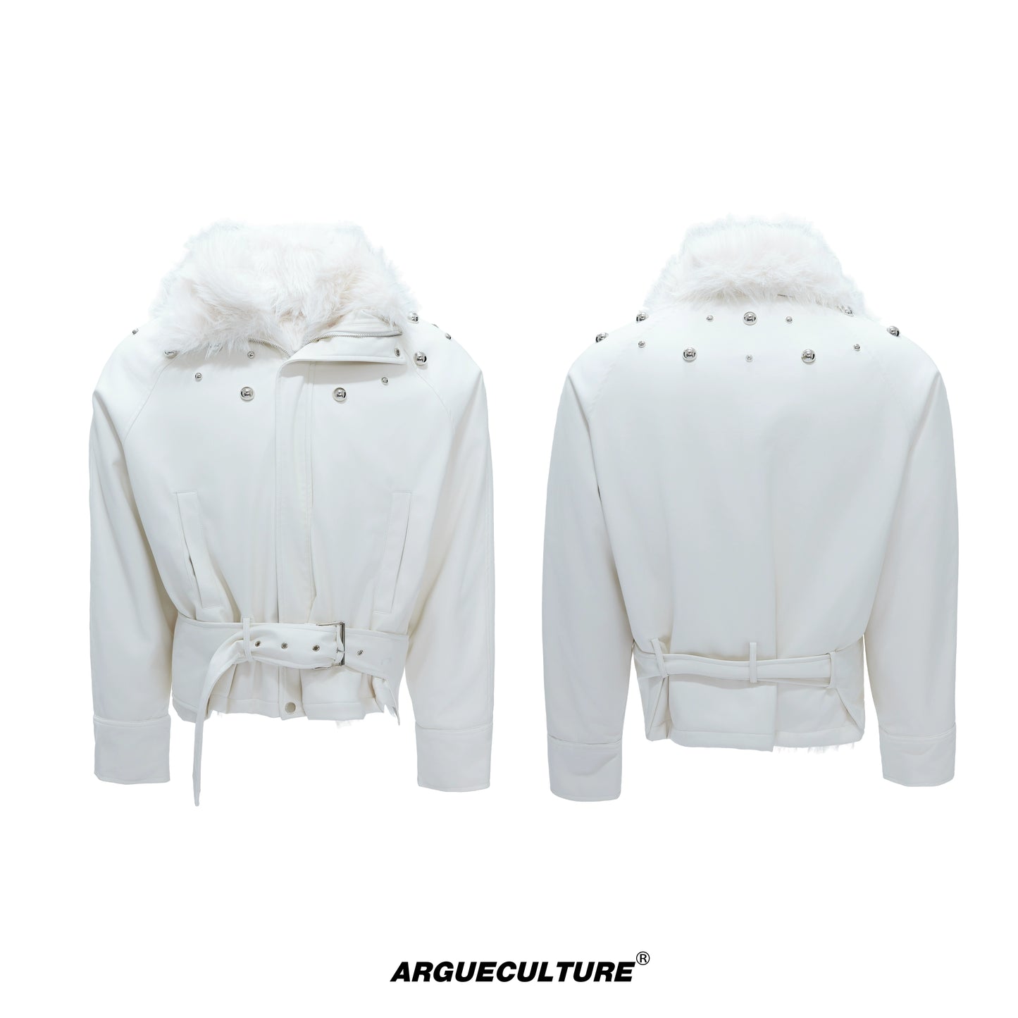 Studs High-Neck Fake Fur Collar PU Leather Puffer Jacket WN21719