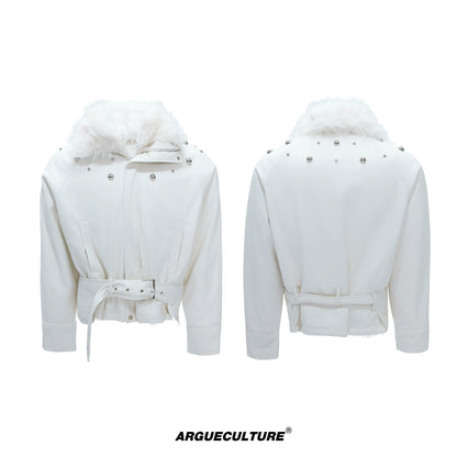 Studs High-Neck Fake Fur Collar PU Leather Puffer Jacket WN21719