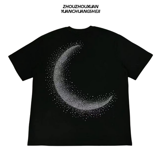 Rhinestone Moon Print Heavyweight Oversize Short Sleeve T-Shirt WN20705