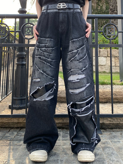 Wash PU Patchwork Tassel Heavyweight Denim Jeans WN20743