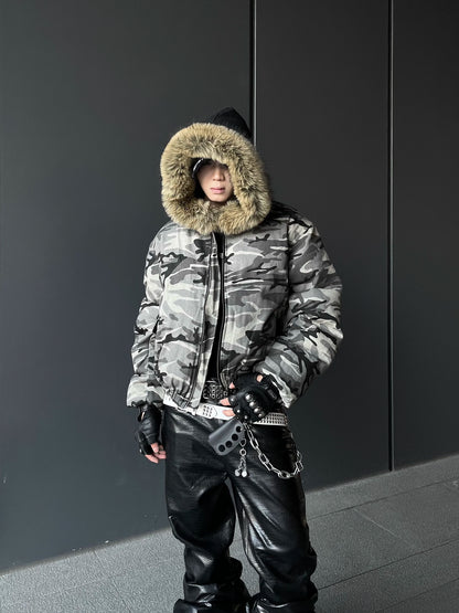 Camouflage Fake Fur Short Puffer Jacket WN10849