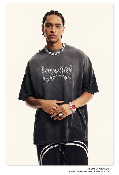 Washed Damage Print Oversize Short-sleeve T-shirt WN6400