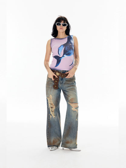 Washed Damage Embroidery Design Denim Jeans WN18866