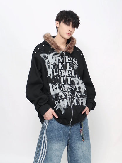 Graffiti Print Fake Fur Collar Zipper Hoodie WN21026
