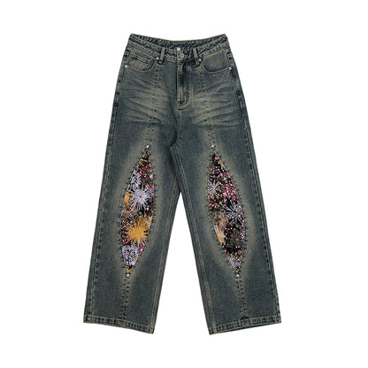 Fireworks Print Washed Denim Jeans WN18972