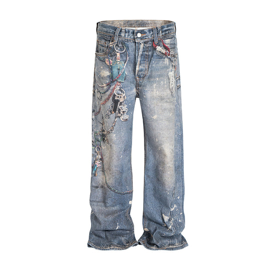 3D Print Washed Straight Denim Jeans WN12679