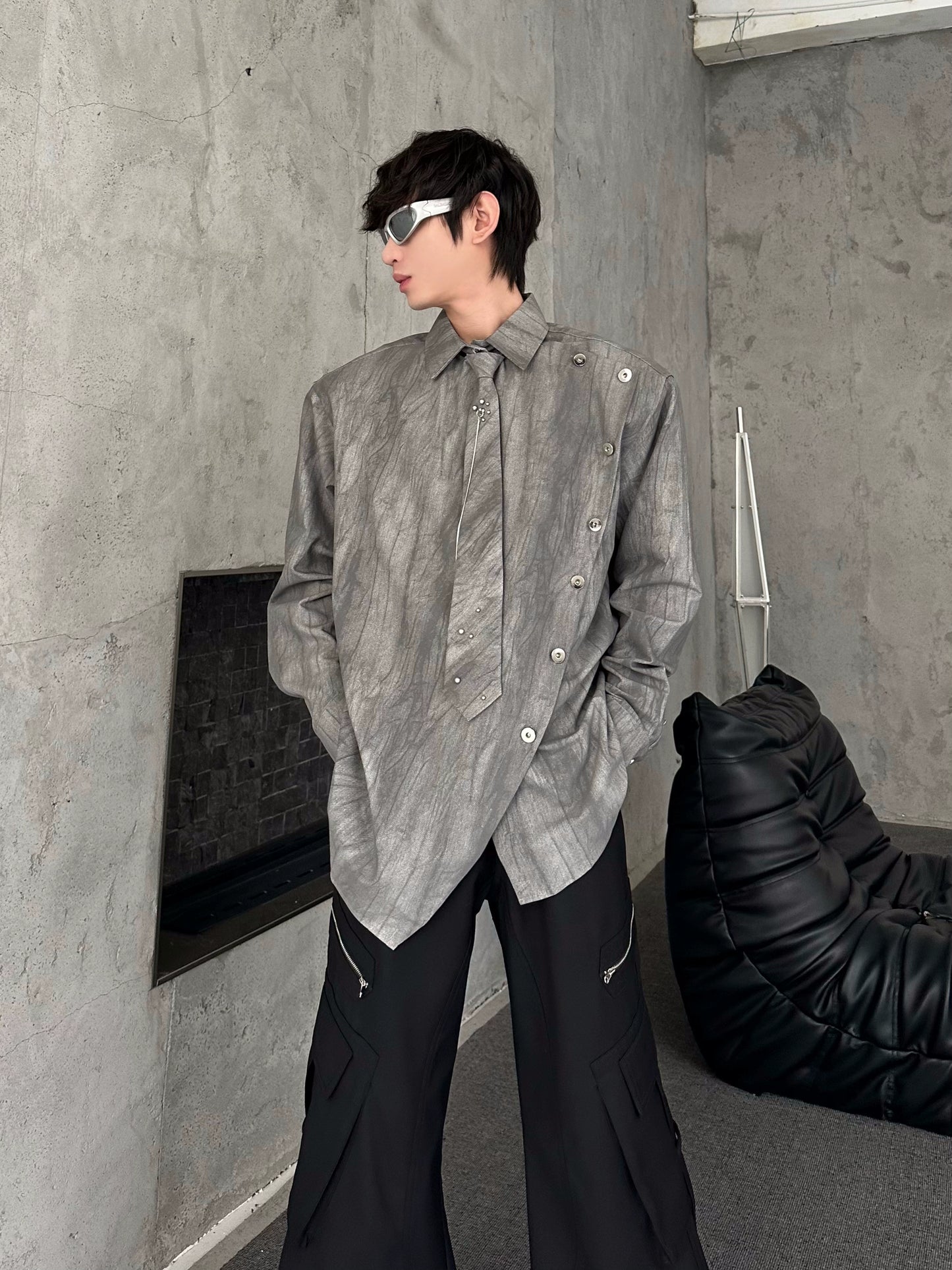 Shoulder-Pad Tie Design Oversize Long Sleeve Shirt WN16759