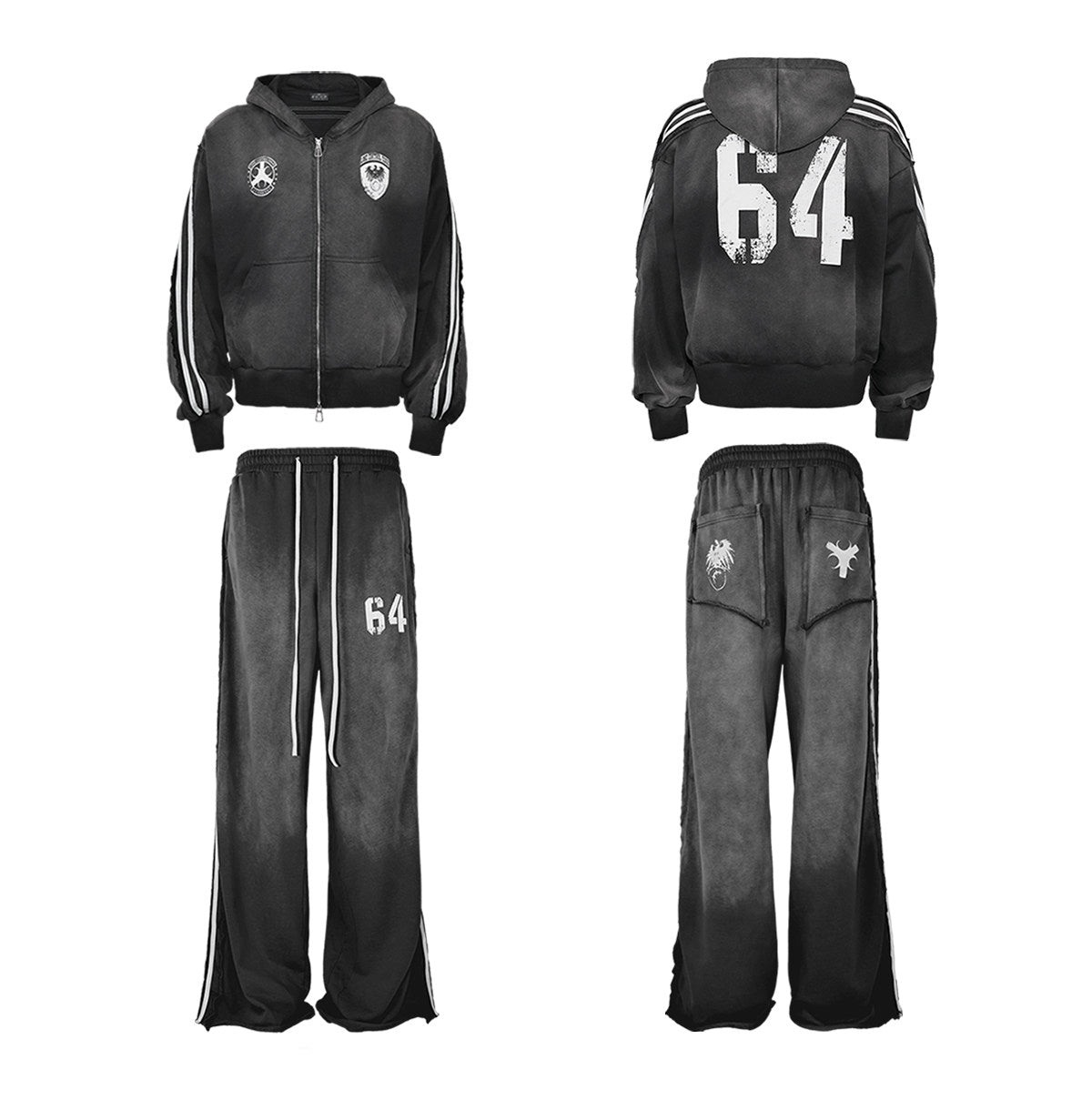 Washed Stripe Print Zipper Hoodie & Sweaetpants Setup WN20833