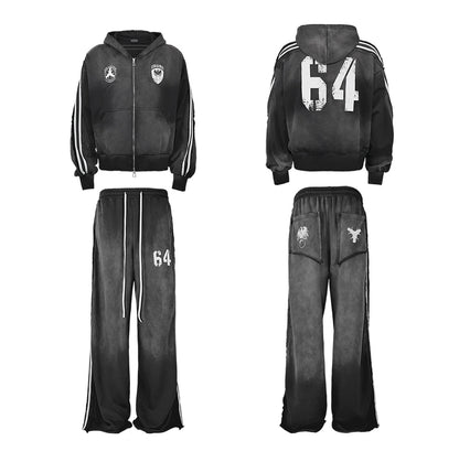 Washed Stripe Print Zipper Hoodie & Sweaetpants Setup WN20833