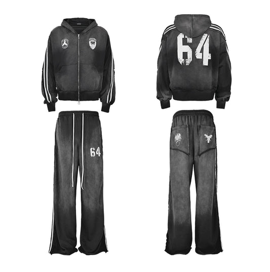 Washed Stripe Print Zipper Hoodie & Sweaetpants Setup WN20833