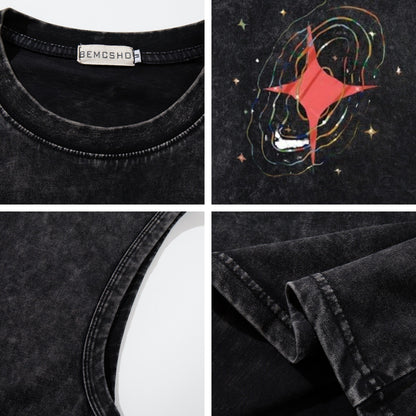 Washed Four-Point Star Print Oversize Sleeveless T-Shirt WN26932