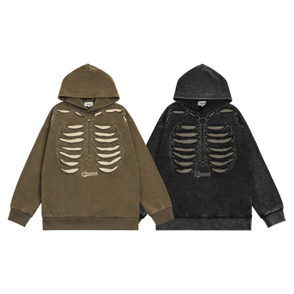 Patchwork Damage Skeleton Oversize Pullover Hoodie WN11187