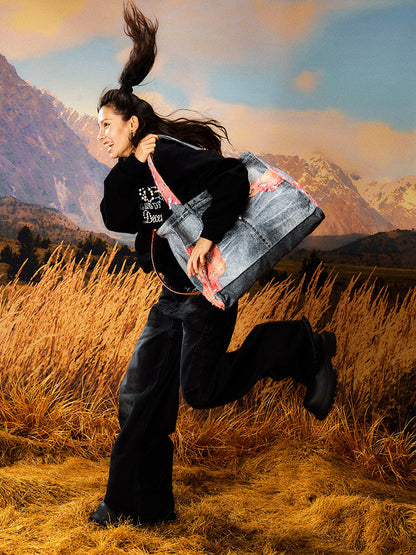 Floral Damage Denim Tote Bag WN23209